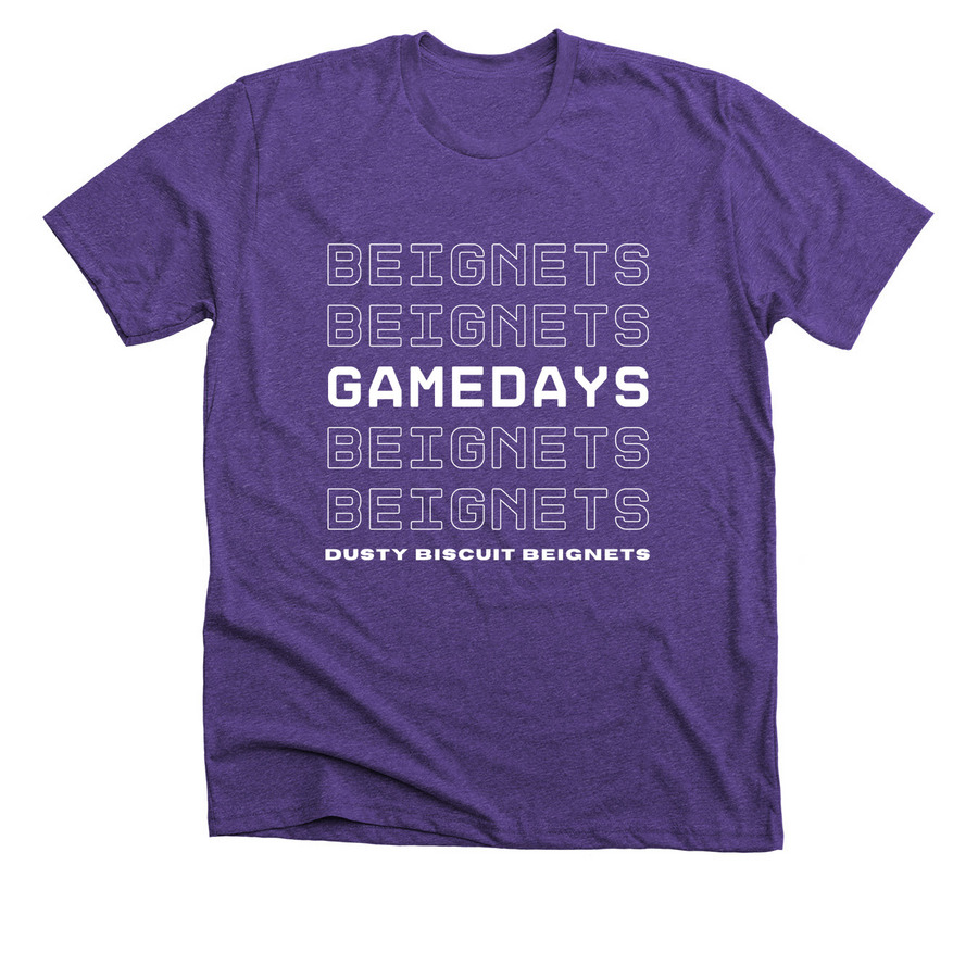 BEIGNETS + GAMEDAYS, a Heather Team Purple Premium Unisex Tee