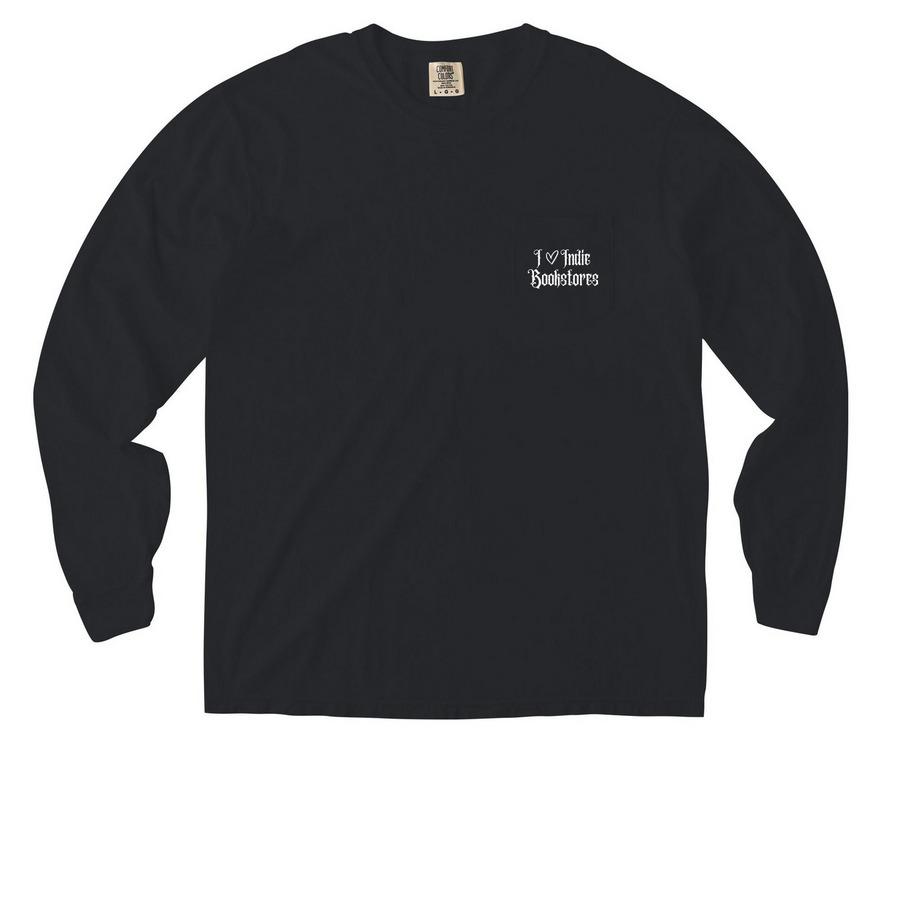 I Heart Indie Bookstores Long Sleeve, a Black Comfort Colors Long Sleeve Pocket Tee