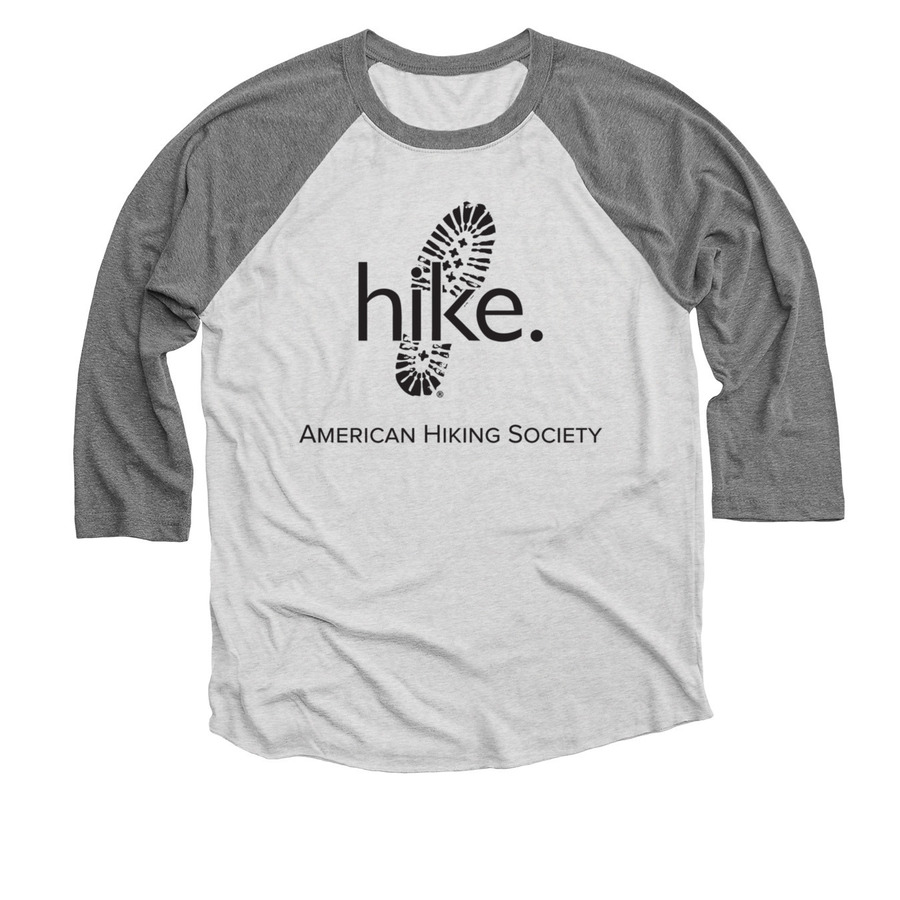 "Hike.", a Premium Heather and Heather White 3/4 Sleeve Baseball Tee