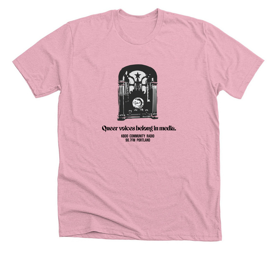 KBOO's 2025 Pride Merch, a Heather Pink Premium Unisex Tee