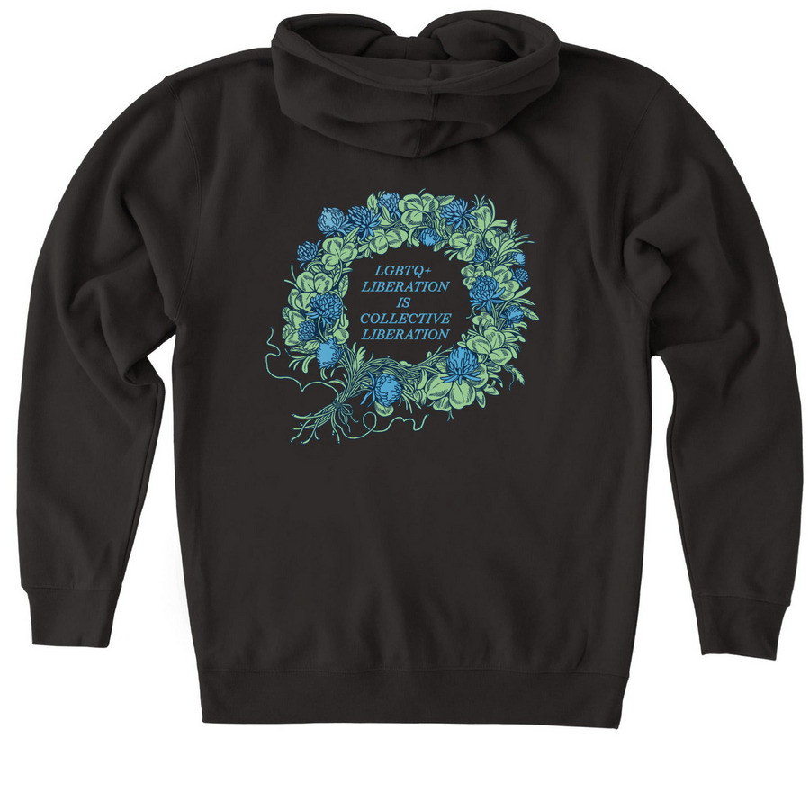 LGBTQ+ Liberation Zip Up, a Black Heavyweight Zip Up Hoodie (back-view)