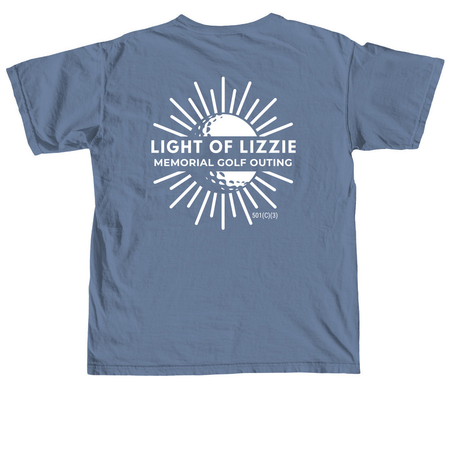 LoL Golf Merch 6-styles of large logo on back, a Blue Jean Comfort Colors Unisex Tee (back-view)
