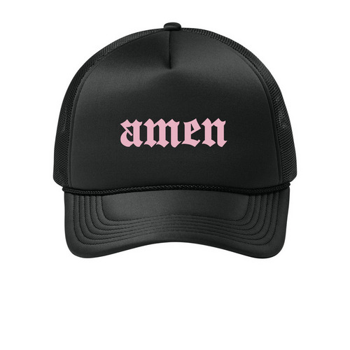 AMEN FOAM TRUCKER, a Deep Black Printed Foam Trucker Hat