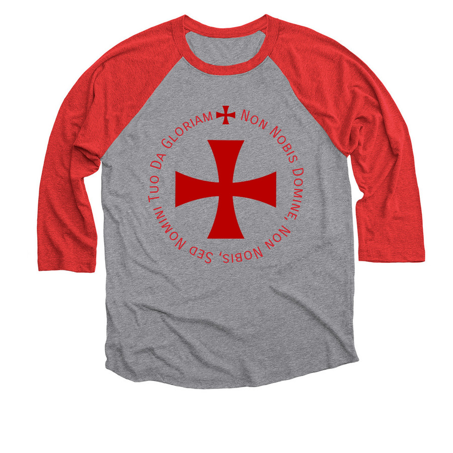 Non Nobis Domine, a Red and Premium Heather 3/4 Sleeve Baseball Tee