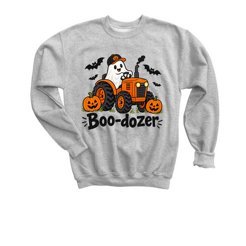 Boo-Dozer Youth Halloween Crewneck, a Sport Grey Youth Crewneck Sweatshirt