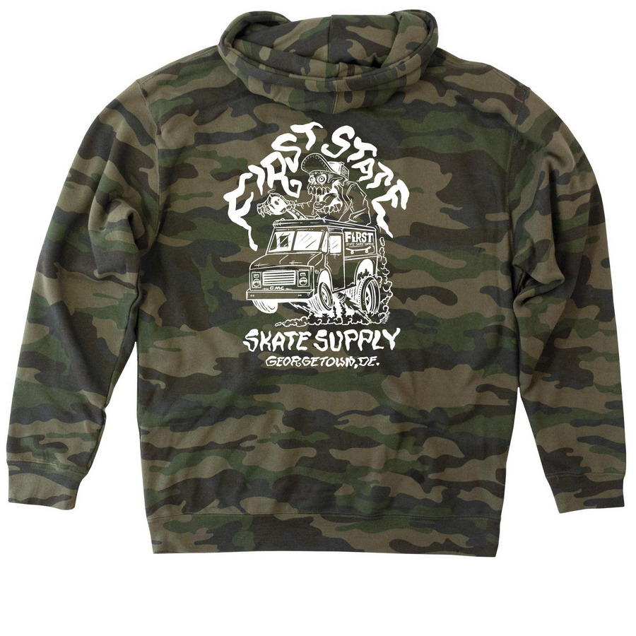 Skully Ratfink, a Forest Camo Heavyweight Camo Pullover Hoodie (back-view)