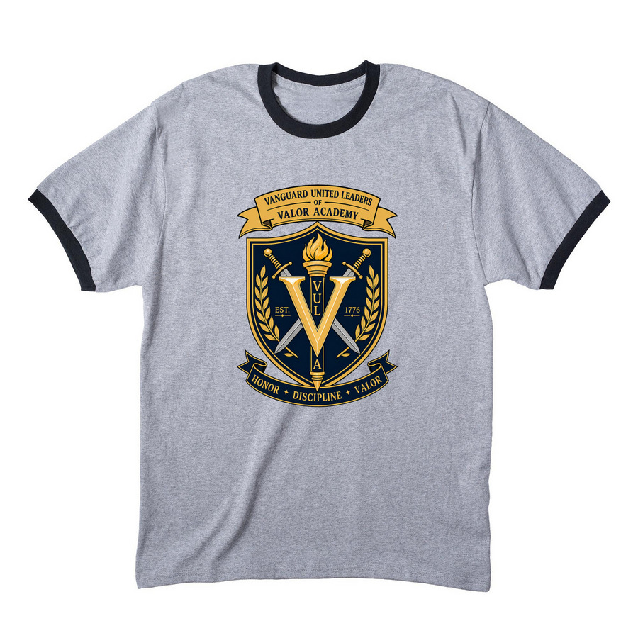 Vanguard United Leaders of Valor Academy, a Athletic Heather/ Jet Black Cotton Ringer Tee