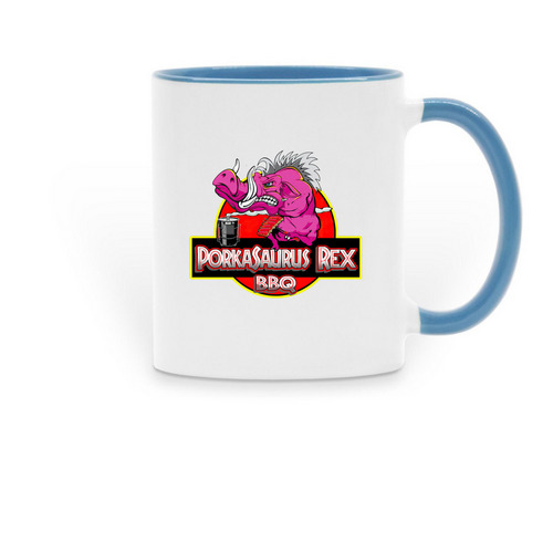 Porkasaurus Rex BBQ Mug, a Light Blue Two-Tone Ceramic Mug