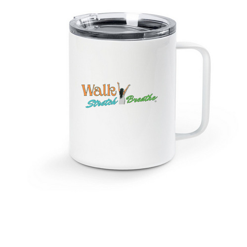 Walk Stretch Breathe, a White Stainless Steel Travel Mug