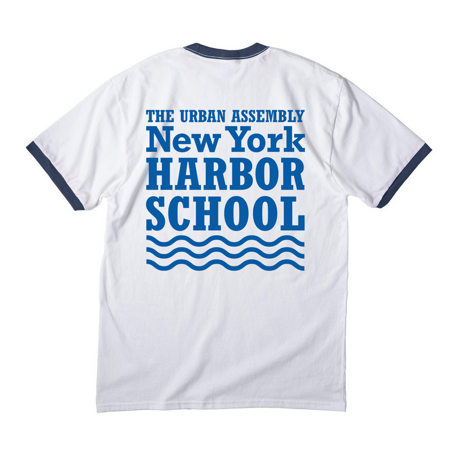 Harbor School Logo - White Shirts, a White/ Navy Cotton Ringer Tee (back-view)