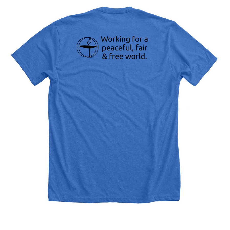 SC 200th | Peaceful, Fair, & Free, a Heather True Royal Premium Unisex Tee (back-view)