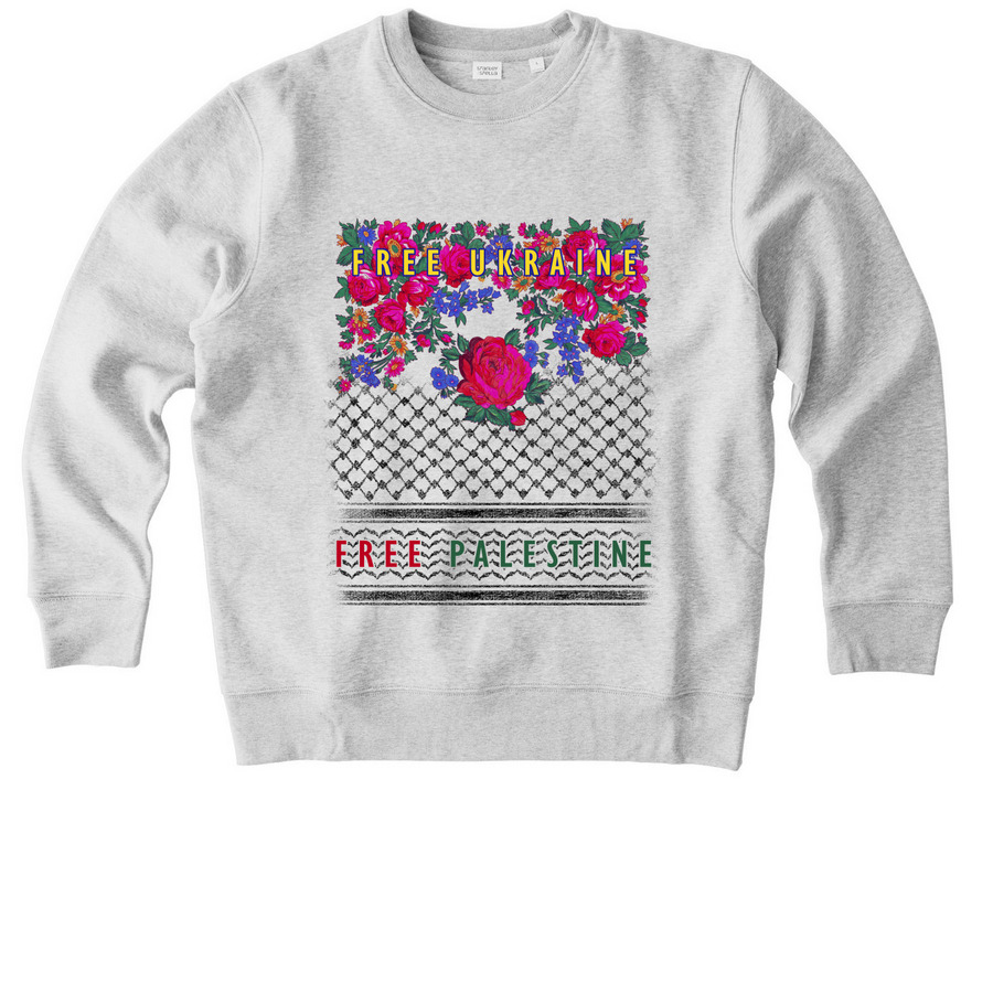Free Ukraine Free Palestine, a Cool Heather Grey Stanley/Stella Unisex Changer 2.0 Crewneck Sweatshirt