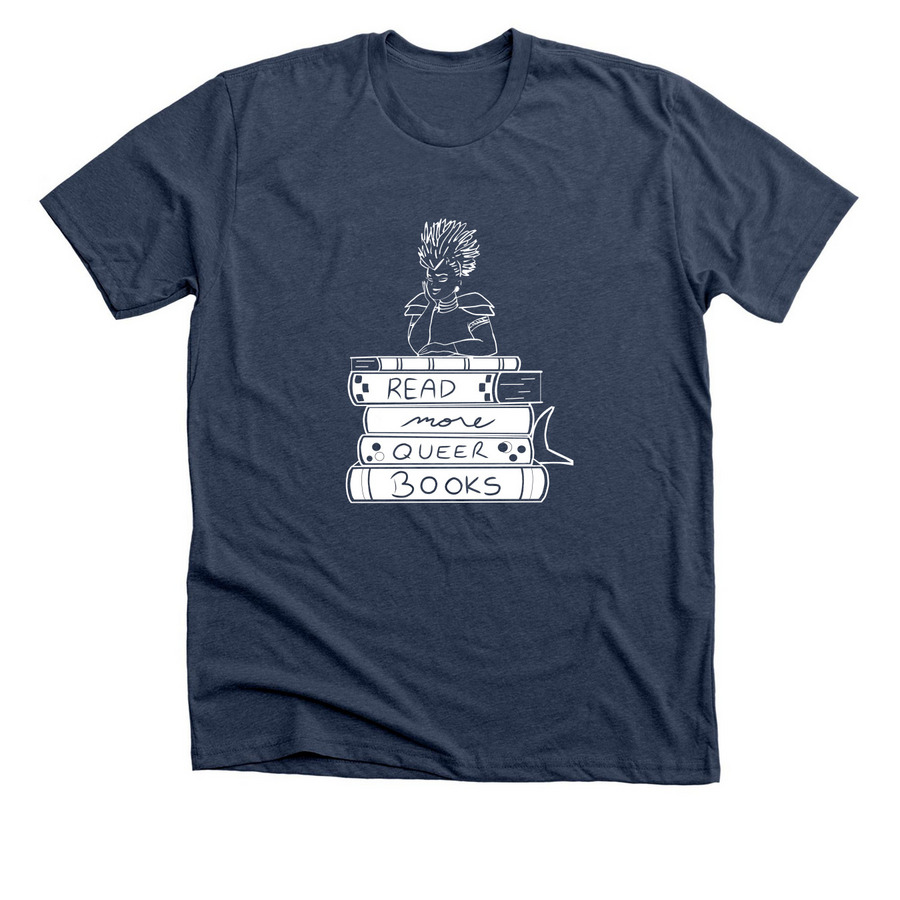 read more queer books, a Heather Navy Premium Unisex Tee