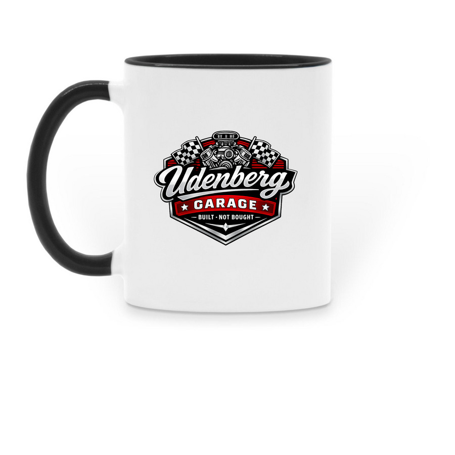 "Udenberg Garage" Coffee Mug, a Black Two-Tone Ceramic Mug (back-view)