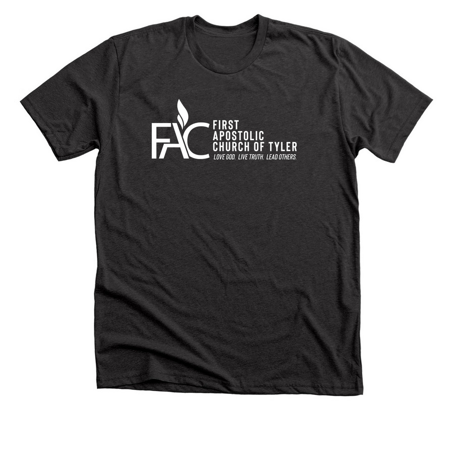 FAC White Front Logo Love, Live, Lead, a Dark Grey Heather Premium Unisex Tee