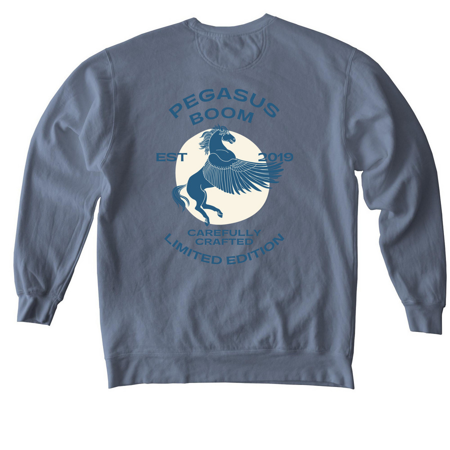 Pegasus Boom Operator, a Blue Jean Comfort Colors Crewneck Sweatshirt (back-view)