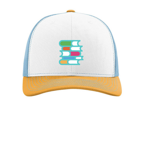 Book Stack Hat, a White/ Columbia Blue/ Yellow Printed Snapback Trucker Cap