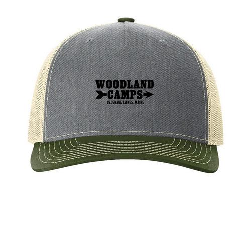 Woodland Camps Black Lettering 5 Panel Caps, a Heather Grey/ Birch/ Army Olive Printed Five-Panel Trucker Cap