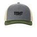 Woodland Camps Black Lettering 5 Panel Caps, a Heather Grey/ Birch/ Army Olive Printed Five-Panel Trucker Cap