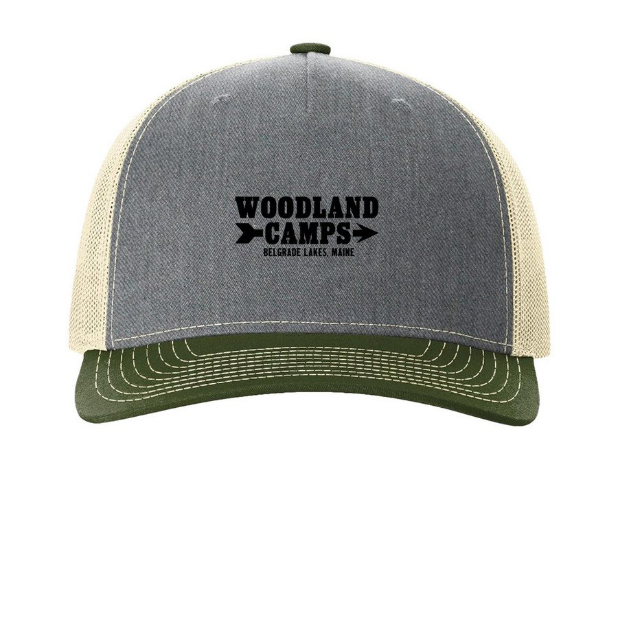 Woodland Camps Black Lettering 5 Panel Caps, a Heather Grey/ Birch/ Army Olive Printed Five-Panel Trucker Cap