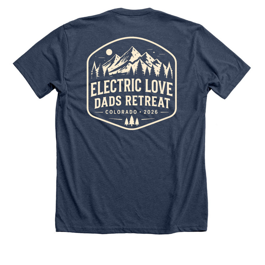 Electric Love Dads Retreat, a Heather Navy Premium Unisex Tee (back-view)