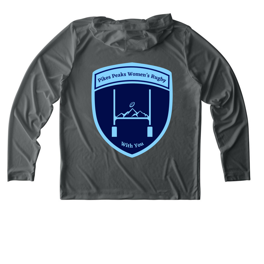 Pikes Peaks Women?s Rugby, a Dark Smoke Grey UV Performance Long Sleeve Hoodie (back-view)