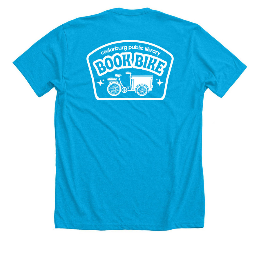 Book Bike Basics, a Neon Blue Premium Unisex Tee (back-view)