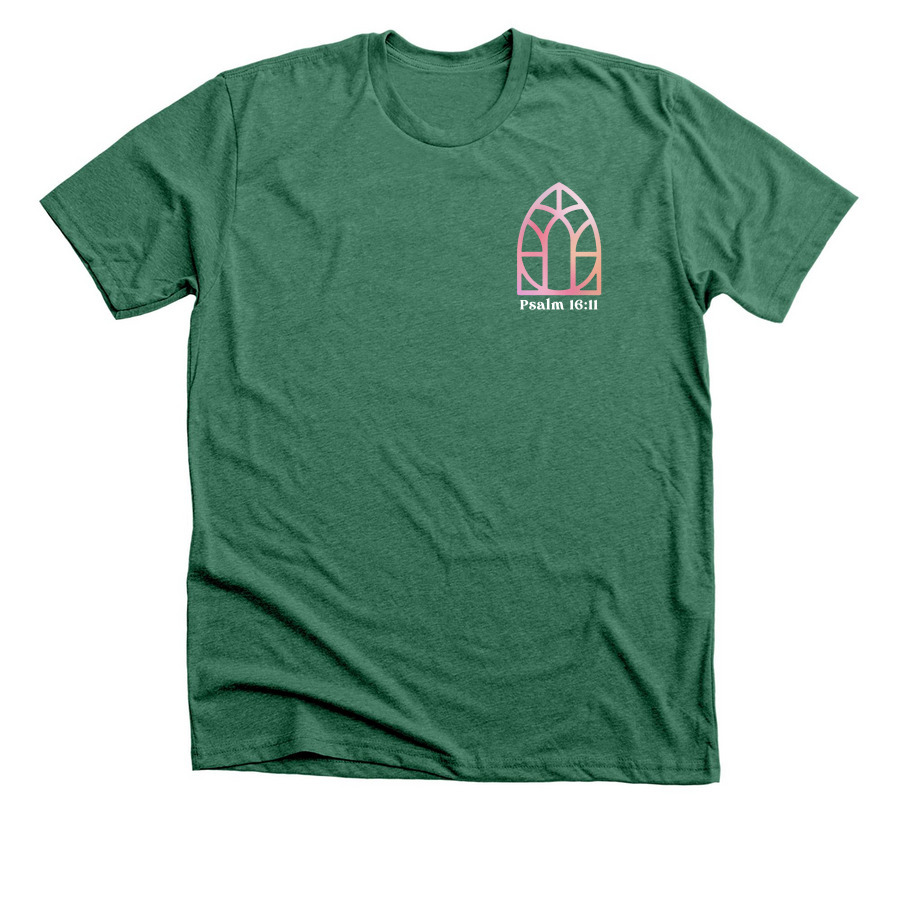 Down in my Heart on back, a Heather Grass Green Premium Unisex Tee
