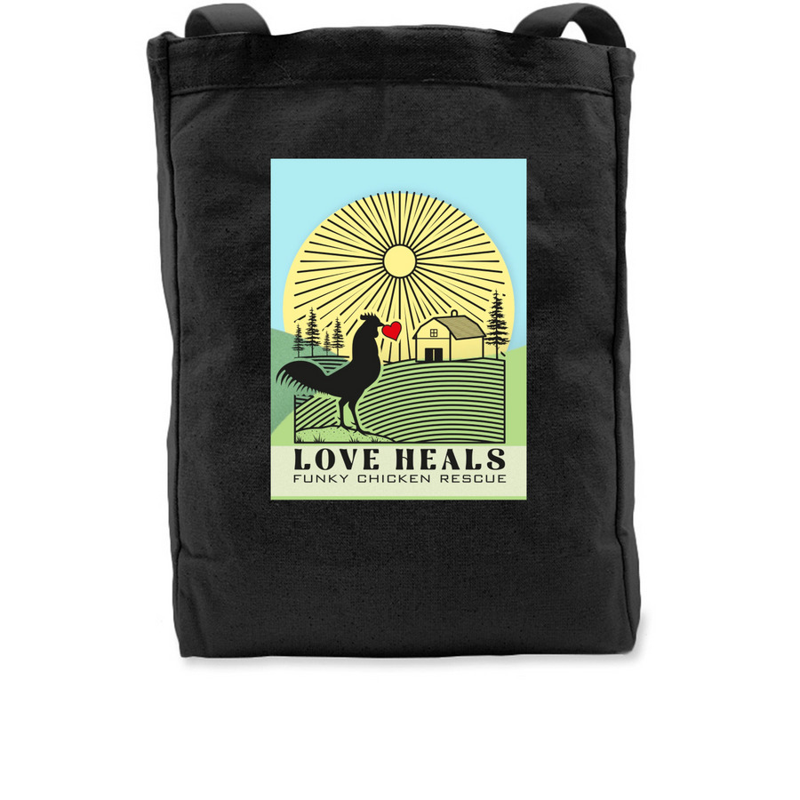 Funky Chicken- Love Heals Tote, a Black Recycled Cotton Tote Bag