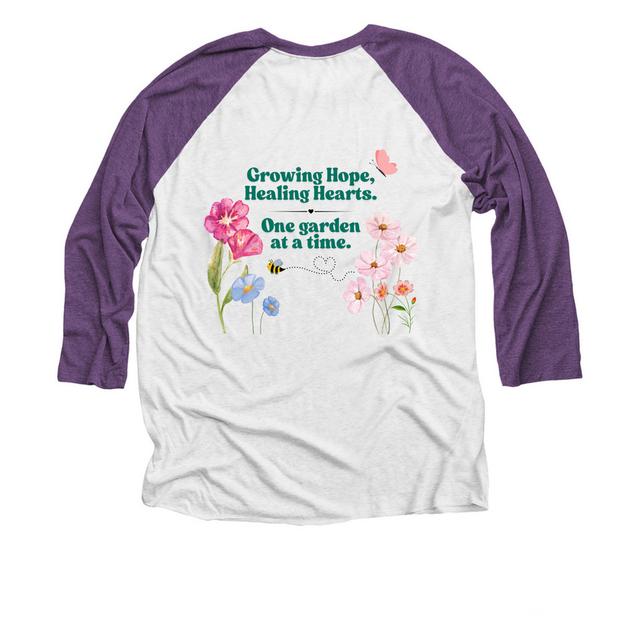 Adopt-A-Garden Volunteer Collection, a Purple Rush and Heather White 3/4 Sleeve Baseball Tee (back-view)