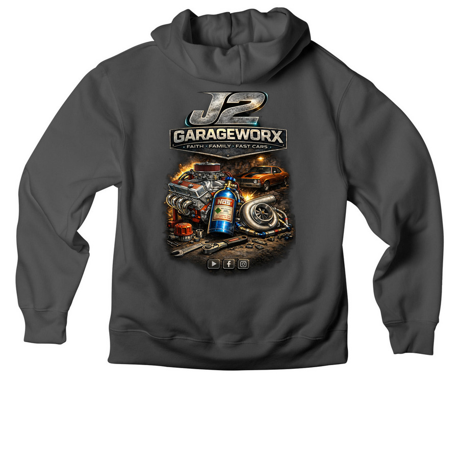 J2GW SPEED SHOP, a Asphalt Premium Heavyweight Pullover Hoodie (back-view)