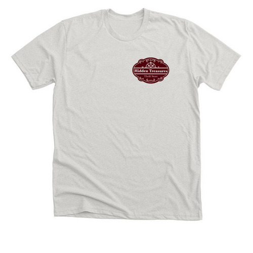 Hidden Treasures Red Logo, a Heather Cement Premium Unisex Tee