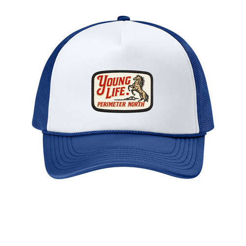 PNYL Campership Campaign Trucker Hat, a White/ True Royal Printed Foam Trucker Hat
