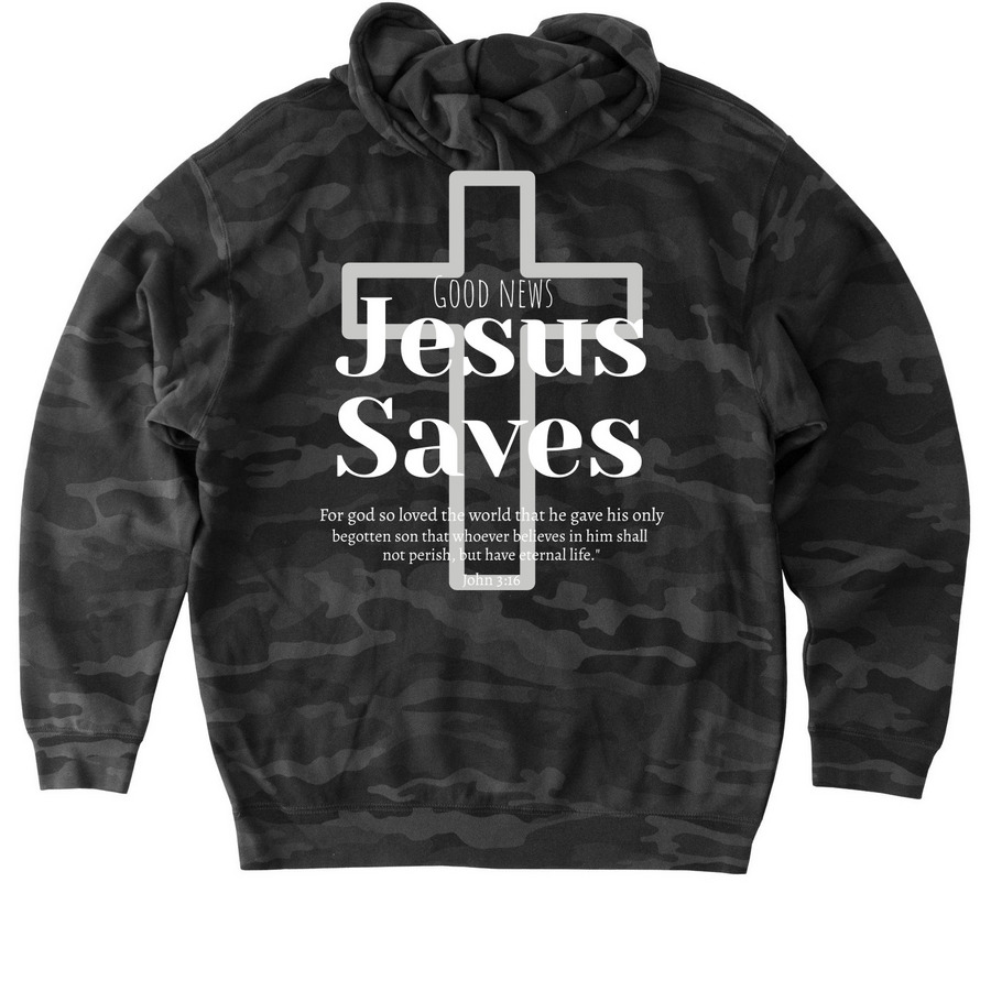 "Jesus Saves" Hoodie, a Black Camo Heavyweight Camo Pullover Hoodie (back-view)