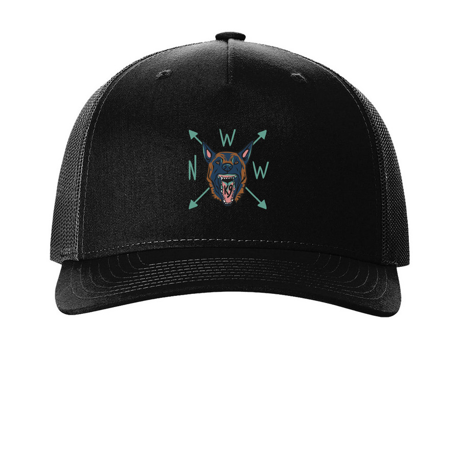 NWWK9 Spring Trial Hat, a Black Printed Five-Panel Trucker Cap