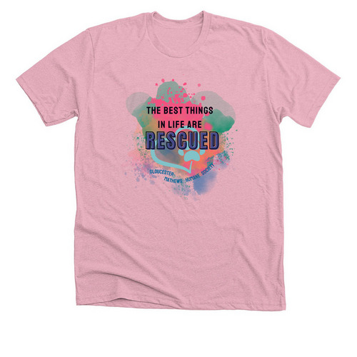 The best things in life are rescued! front, a Heather Pink Premium Unisex Tee