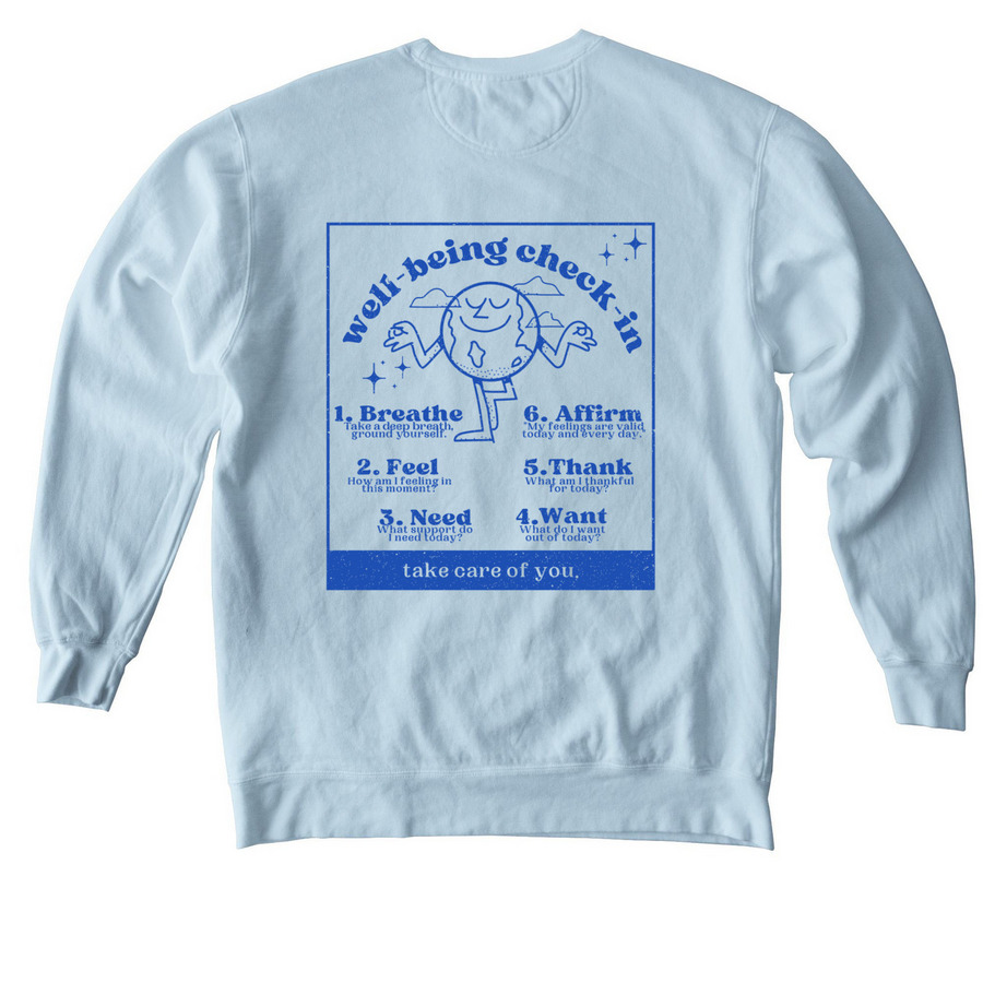Well-being Check-in, blue, a Chambray Comfort Colors Crewneck Sweatshirt (back-view)