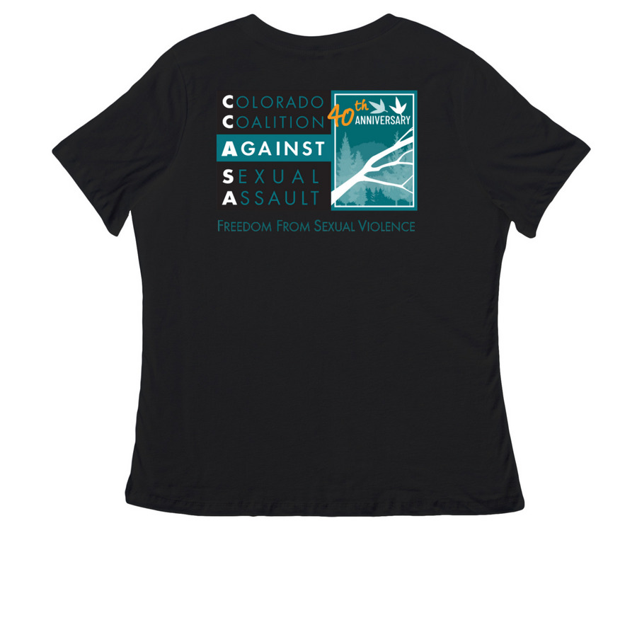 Freedom From Sexual Violence Merch, a Black Women's Relaxed V-Neck Tee (back-view)