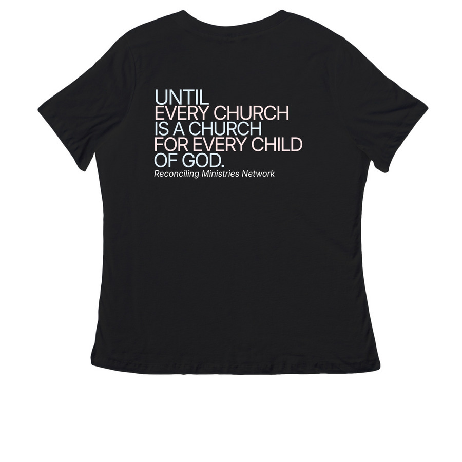RMN | Until Every Church, a Black Women's Relaxed V-Neck Tee (back-view)