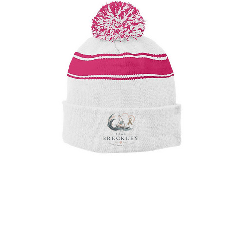 Beanies&nbsp;, a White/ Pink Raspberry Printed Stripe Pom-Pom Beanie
