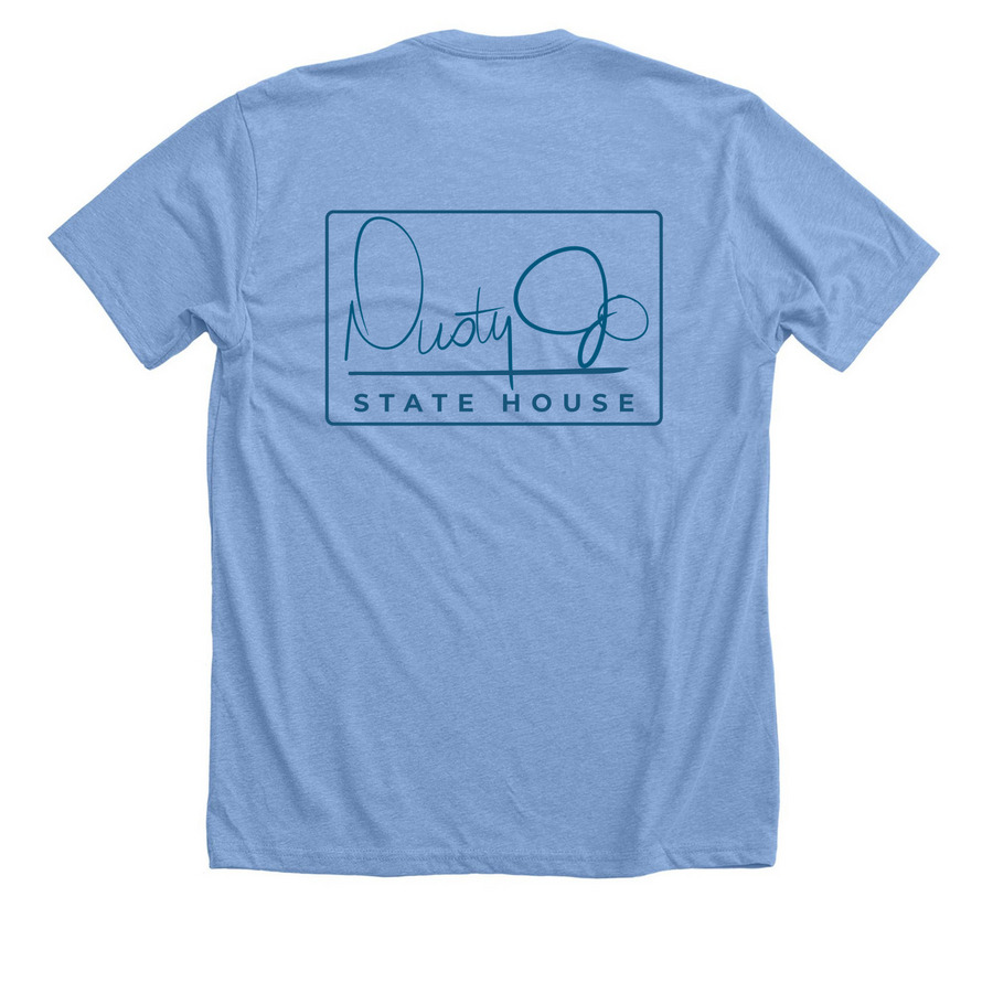 Dusty Jo State House, a Heather Carolina Blue Premium Unisex Tee (back-view)