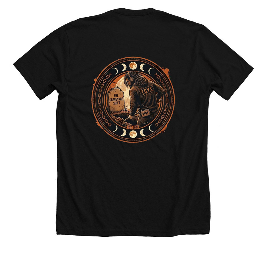The GraveYard Shift, a Solid Black Blend Premium Unisex Tee (back-view)