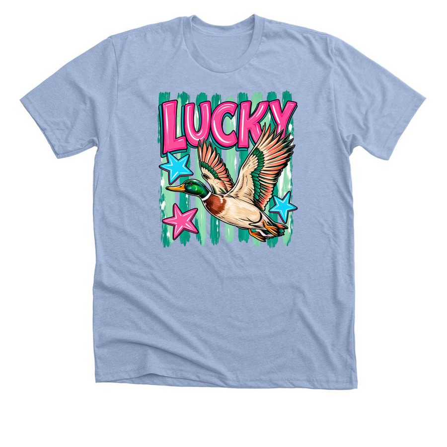 lucky duck, a Heather Baby Blue Premium Unisex Tee