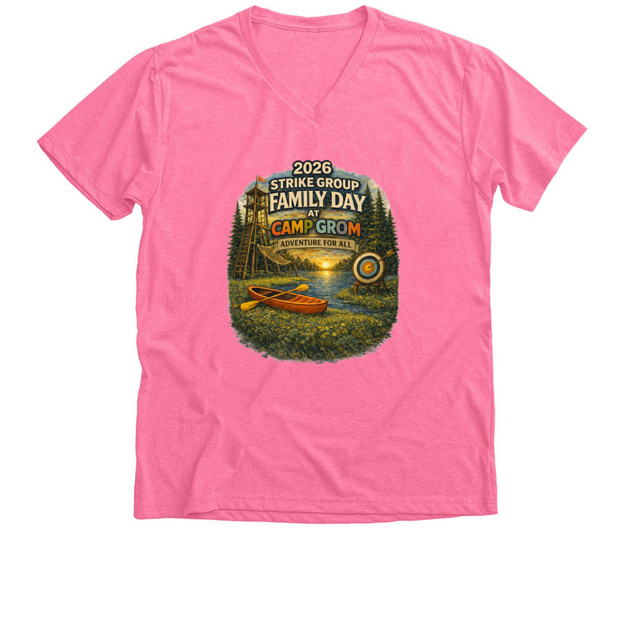 Adult 2026 Camp Grom Family Day Shirt, a Neon Pink Premium V-Neck Tee
