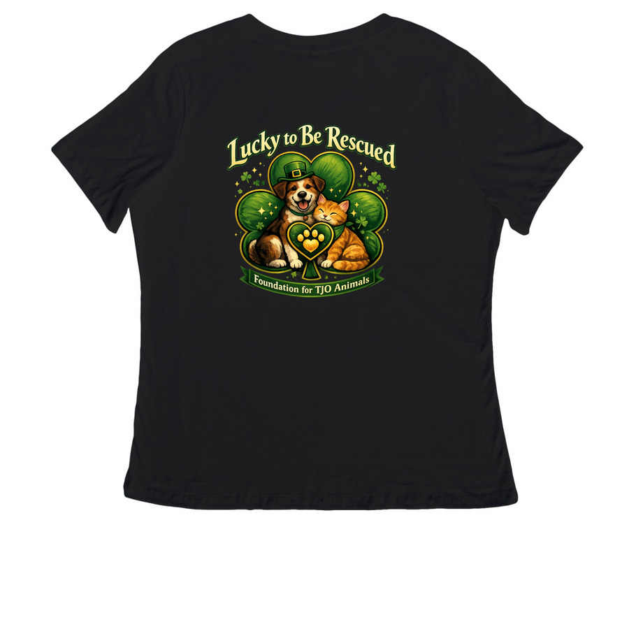 Lucky to Be Rescued, a Black Women's Relaxed V-Neck Tee (back-view)