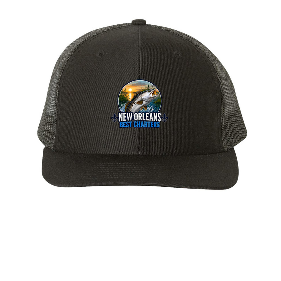 Hats, a Black Printed Snapback Trucker Cap