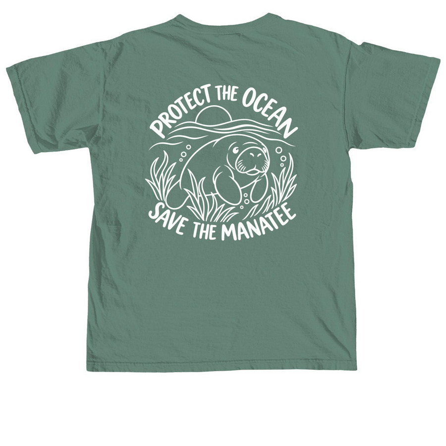 OCEAN ADVOCATE COLLECTIVE: Manatees, a Light Green Comfort Colors Unisex Tee (back-view)
