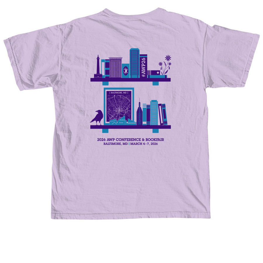 #AWP26 Baltimore books T-shirt, a Orchid Comfort Colors Unisex Tee (back-view)