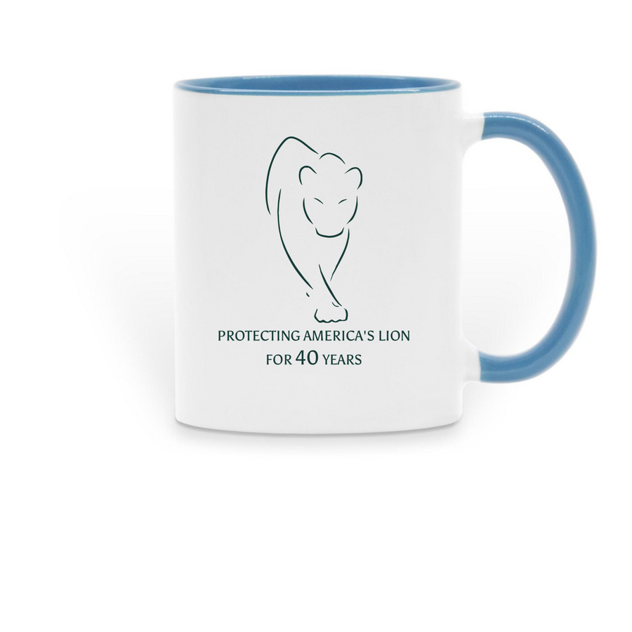 Protecting America's Lion, a Light Blue Two-Tone Ceramic Mug