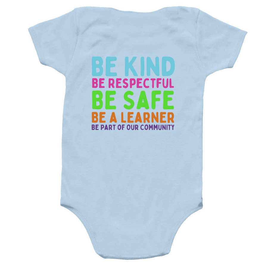 Classic Logo + Core Values Onesie (Baby), a Light Blue Infant Onesie (back-view)